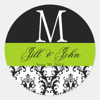 Rond Mariage vert Apple Monogramme Date Damask Sticker