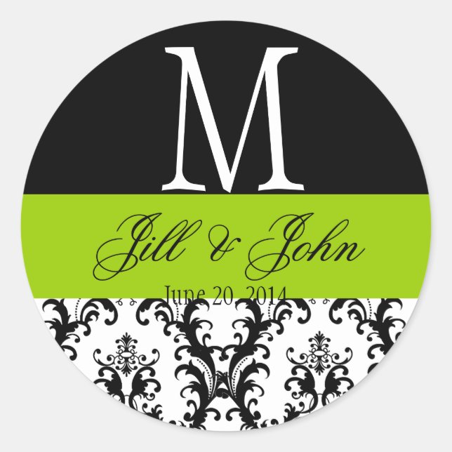 Rond Mariage vert Apple Monogramme Date Damask Sticker (Devant)