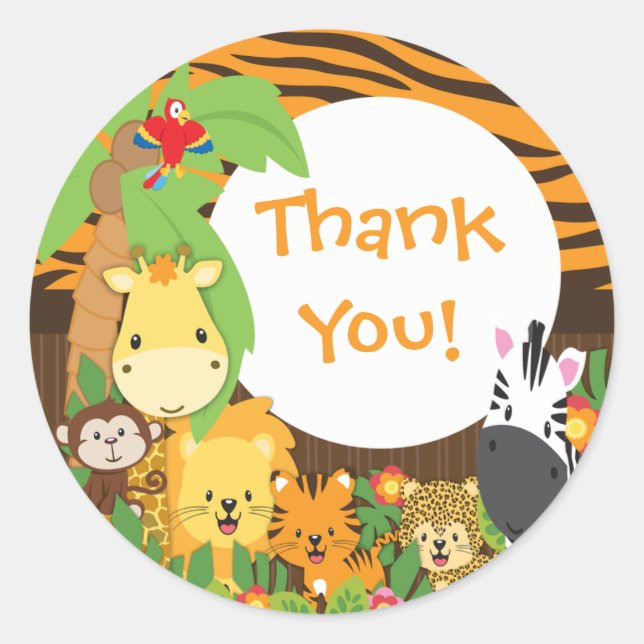 Rond Merci Jungle Safari Bébé Animaux Sticker (Devant)