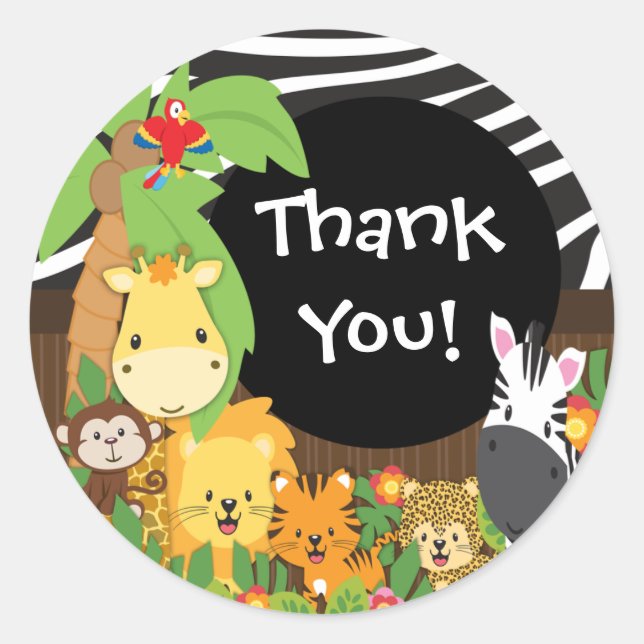 Rond Merci Jungle Safari Bébé Animaux Sticker (Devant)