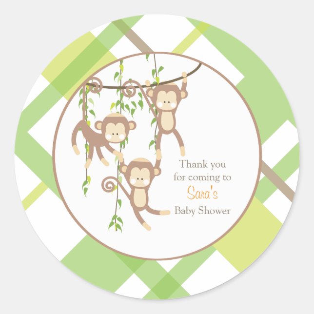 Rond Merci | Sticker Baby shower des singes triplet (Devant)