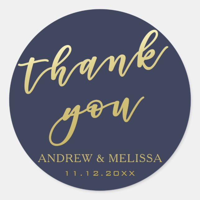 Rond Merci | Sticker Mariage de script Navy & Gold (Devant)