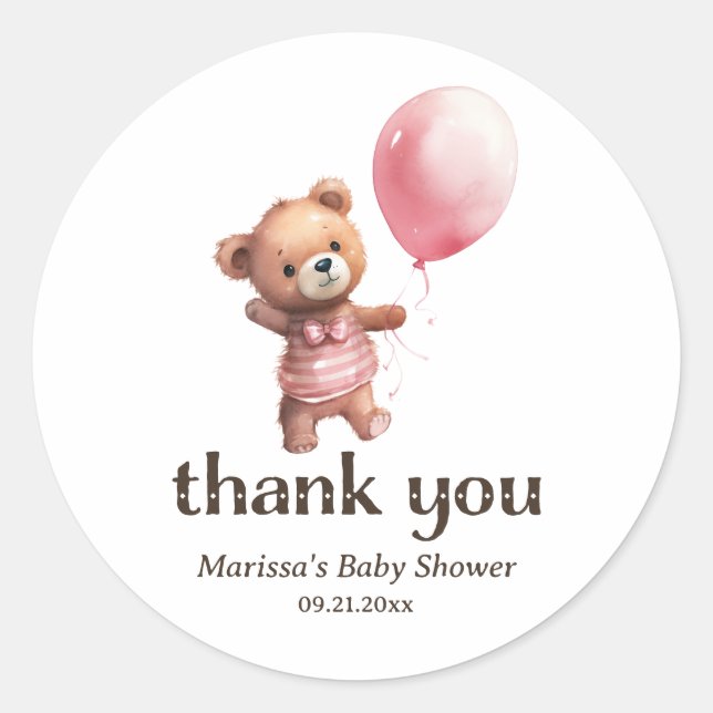 Rond Merci Teddy Bear Girl Baby shower Sticker (Devant)