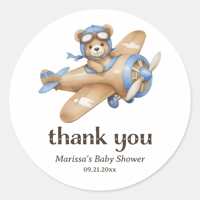 Rond Merci Teddy Ours Pilote Baby Boy Douche Sticker (Devant)