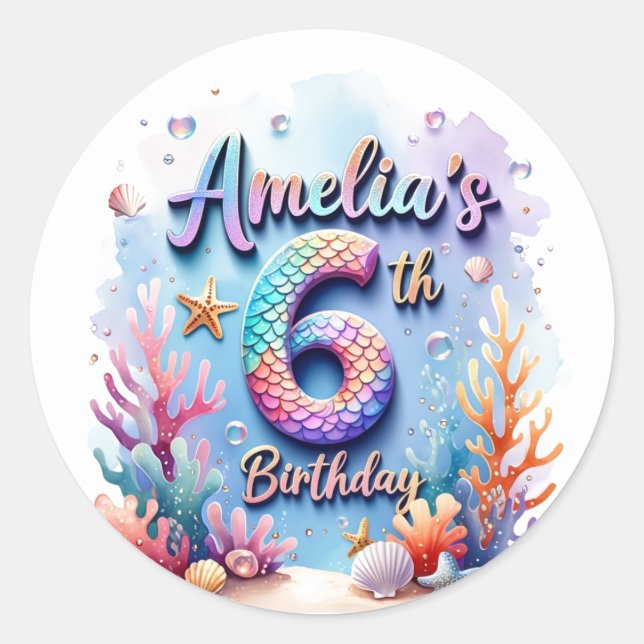 Rond Mermaid Birthday Party Sticker – Custom Name & Age (Devant)