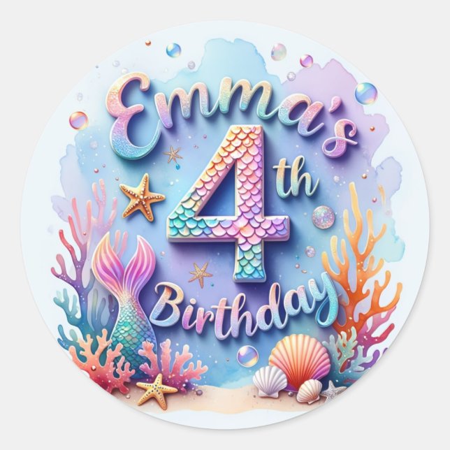 Rond Mermaid Birthday Party Sticker Emma - 4th Birthday (Devant)