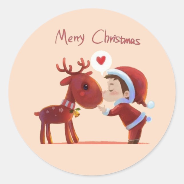 Rond Merry Christmas Sticker – Santa & Reindeer Kiss –  (Devant)