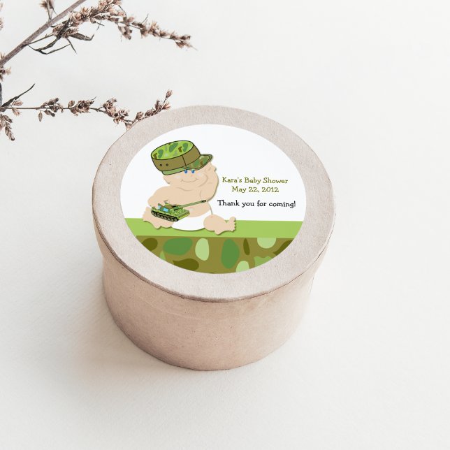 Rond Militaire Camoflauge Baby shower Favoriser Sticker (Army Baby Shower Favor Sticker)