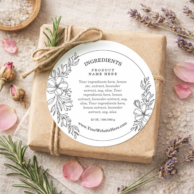 Rond Minimal Floral Black and White Ingredients Sticker (Minimal Floral Black and White Ingredients Sticker)