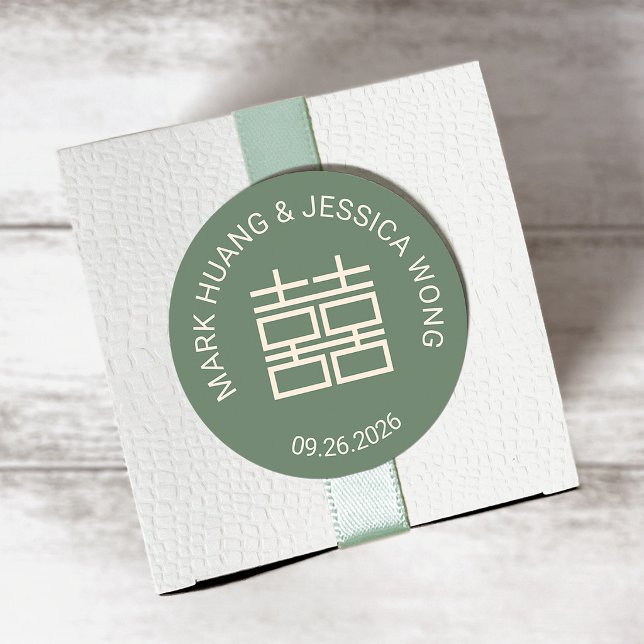 Rond Modern Double Happiness Green Wedding Sticker (Créateur téléchargé)