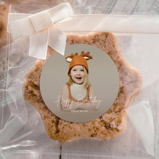 Rond Modern Elegant Happy Birthday Photo Round Sticker (Créateur téléchargé)