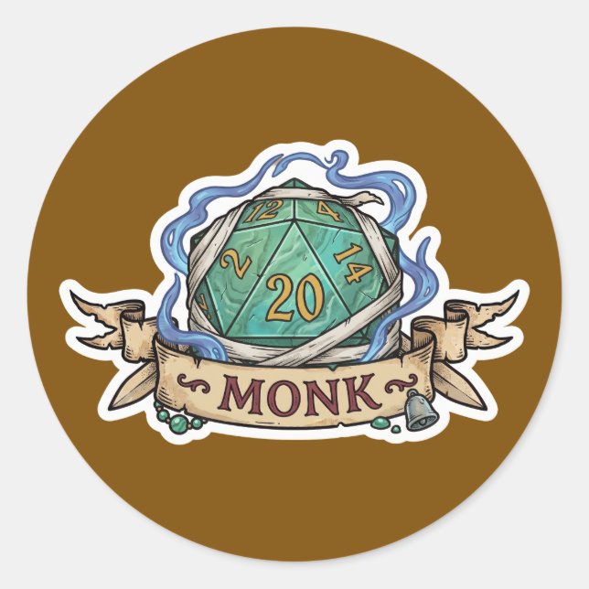 Rond Monk D20 Class Crest Sticker - Funny D&D Monk Dice (Devant)