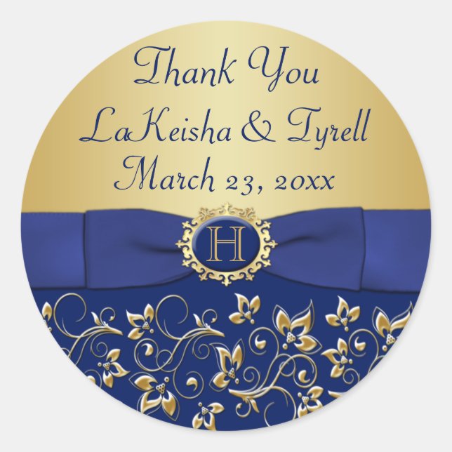 Rond Monogramme bleu, Gold Floral Wedding Favor Sticker (Devant)