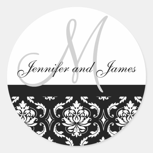 Rond Monogramme et noms Damask Gris Sticker Mariage (Devant)