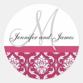 Rond Monogramme et noms Damask Hot PInk Sticker Mariage