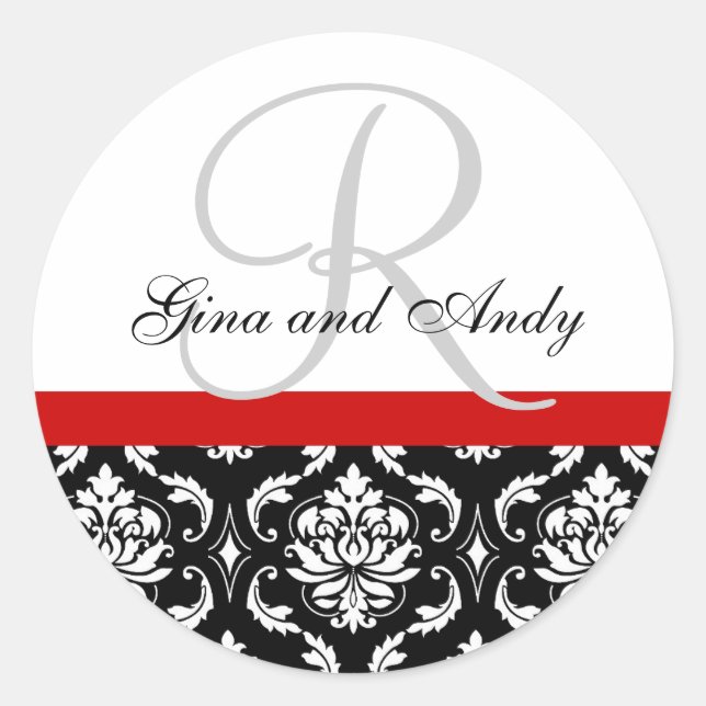 Rond Monogramme et noms Damask Red Mariage Sticker (Devant)