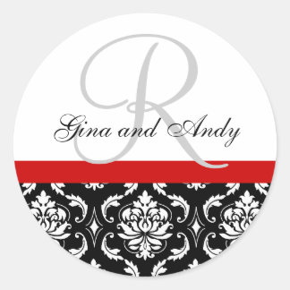 Rond Monogramme et noms Damask Red Mariage Sticker