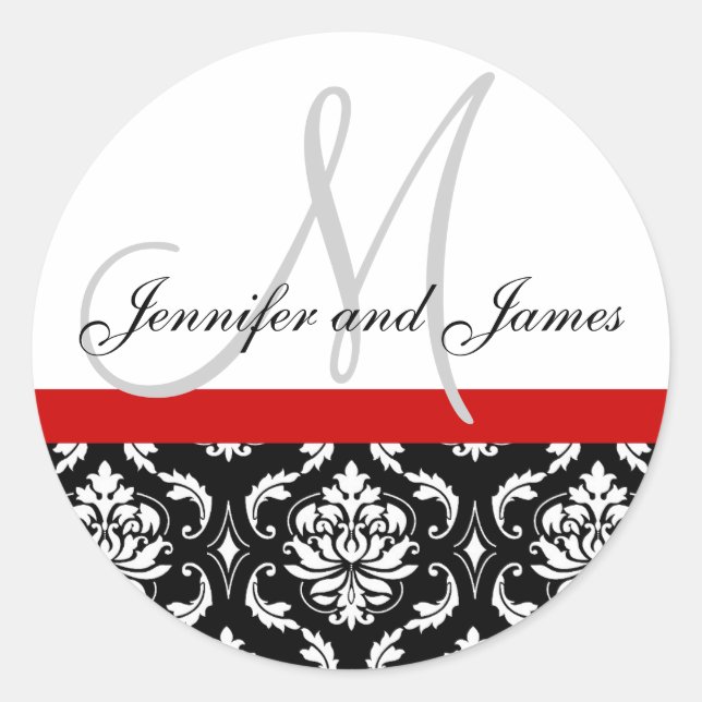 Rond Monogramme et noms Damask Red Mariage Sticker (Devant)