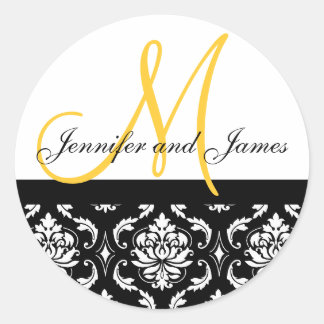 Rond Monogramme et noms Damask Sticker Mariage jaune