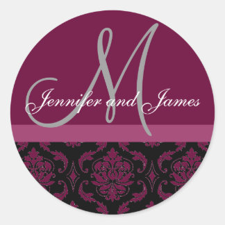 Rond Monogramme et noms Damask Vin Gris Sticker Mariage