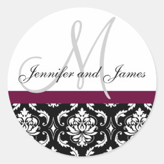 Rond Monogramme et noms Damask Vin Mariage Sticker