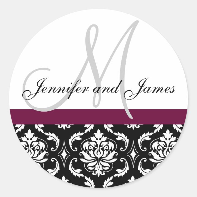 Rond Monogramme et noms Damask Vin Mariage Sticker (Devant)