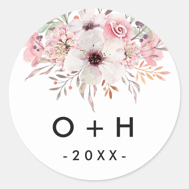 Rond Monogramme Floral Blanc Mariage Favoriser Sticker  (Devant)