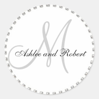 Rond Monogramme Mariage Favor Sticker argent Pearl Blan