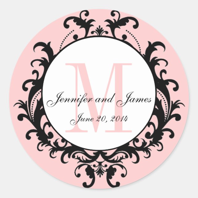 Rond Monogramme Mariage rose chic Noms Date Sticker (Devant)