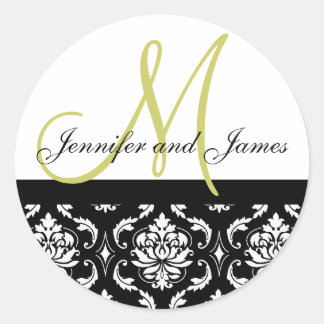 Rond Monogramme & Noms Sticker Mariage vert Damask