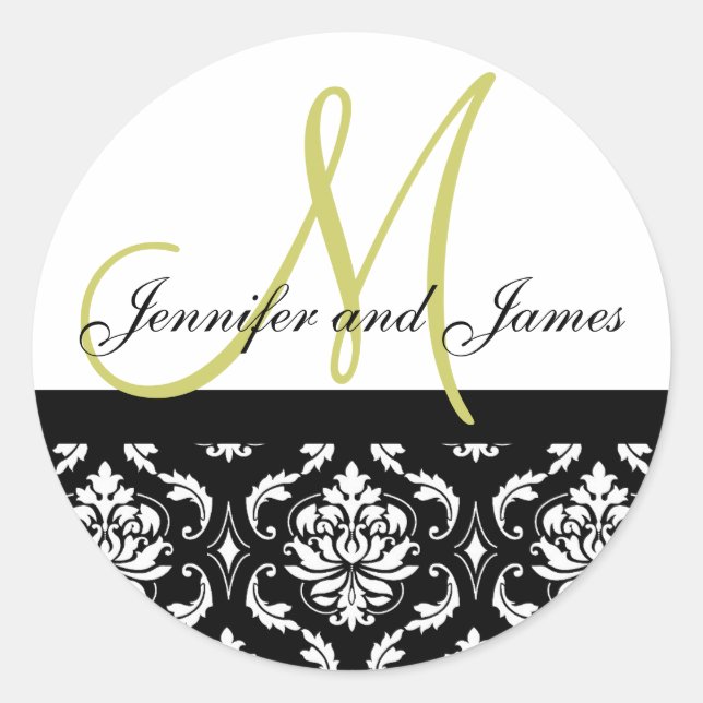 Rond Monogramme & Noms Sticker Mariage vert Damask (Devant)