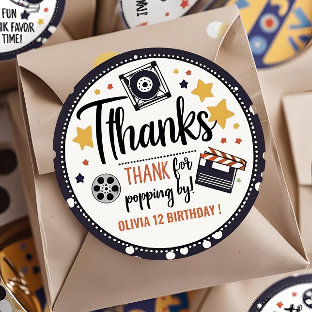 Rond Movie Night Thank You Sticker | Popcorn Birthday  (Créateur téléchargé)