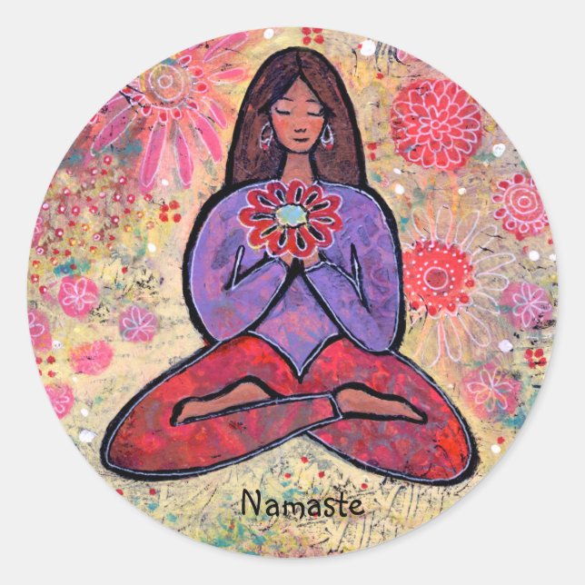 Rond Namaste Brown Haired Yoga Girl Sticker (Devant)