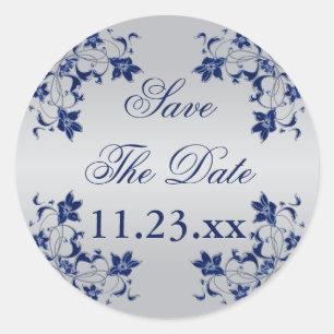 Rond Navy Blue Silver Grey Floral Économisez Le Sticker