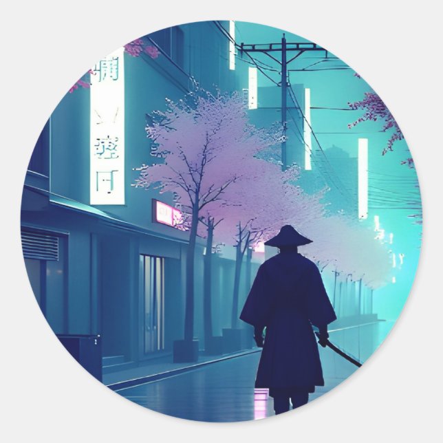 Rond Neon Samurai Sticker – Retro Anime Cyberpunk Tokyo (Devant)