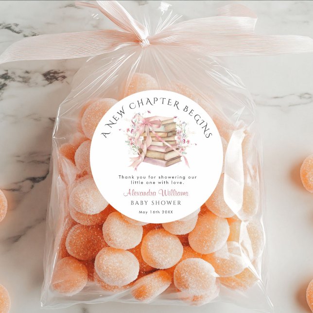 Rond New Chapter Begins Pink Baby Shower Shower Sticker (A new chapter begins Pink coquette Bow Baby Shower Thank you stickers)