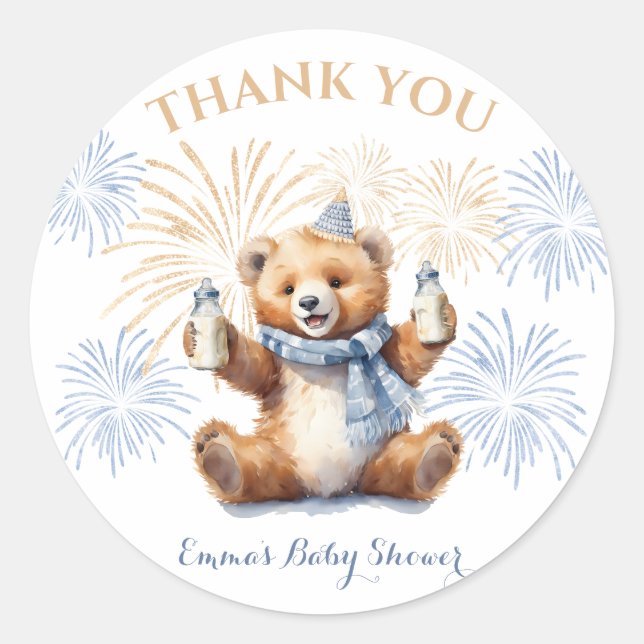 Rond New Year Blue Bear Boy Baby Shower Sticker (Devant)