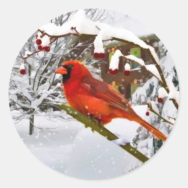 Rond Noël, Oiseau cardinal, Neige, Sticker (Devant)