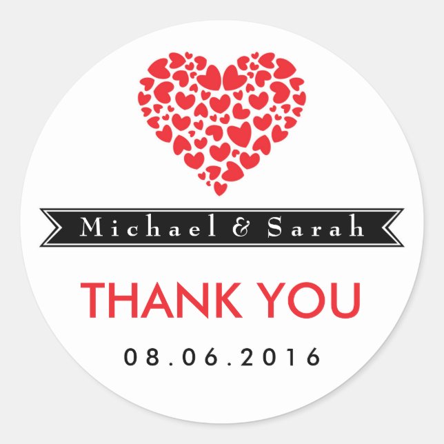 Rond Noir et blanc avec Sticker Mariage du Coeur Rouge (Devant)