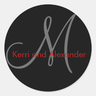 Rond Noms et monogramme initial Sticker noir et rouge