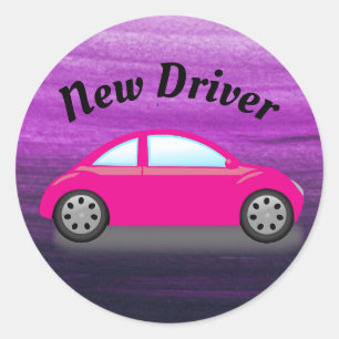Rond Nouveau conducteur Voiture rose sur Sticker d'aqua