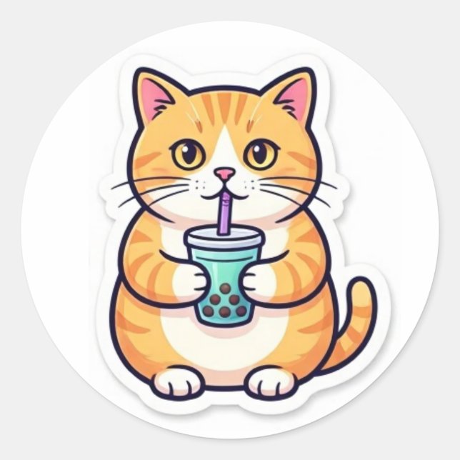 Rond Orange Cat Drinking Juice Sticker Funny Cute Cat (Devant)