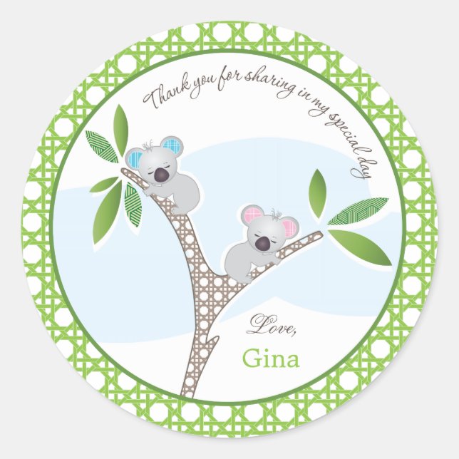 Rond Ours de Koala| Baby shower jumeaux Faveur Sticker (Devant)