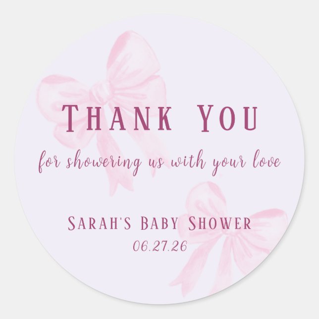 Rond Pastel Pink Bow Baby Shower Thank You Sticker (Devant)