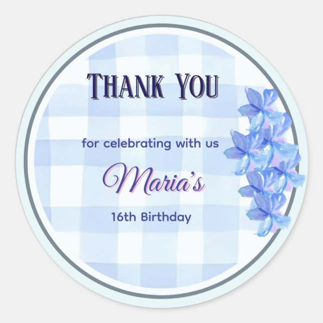 Rond Personalized Blue Floral Thank You Sticker | Bday (Devant)