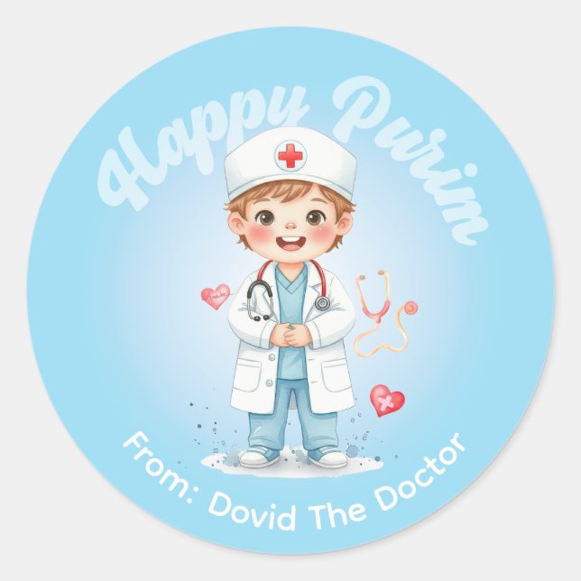 Rond Personalized Purim Sticker – Doctor Theme (Devant)