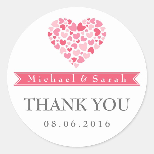 Rond Petit Coeur rose et blanc Mariage Favor Sticker (Devant)
