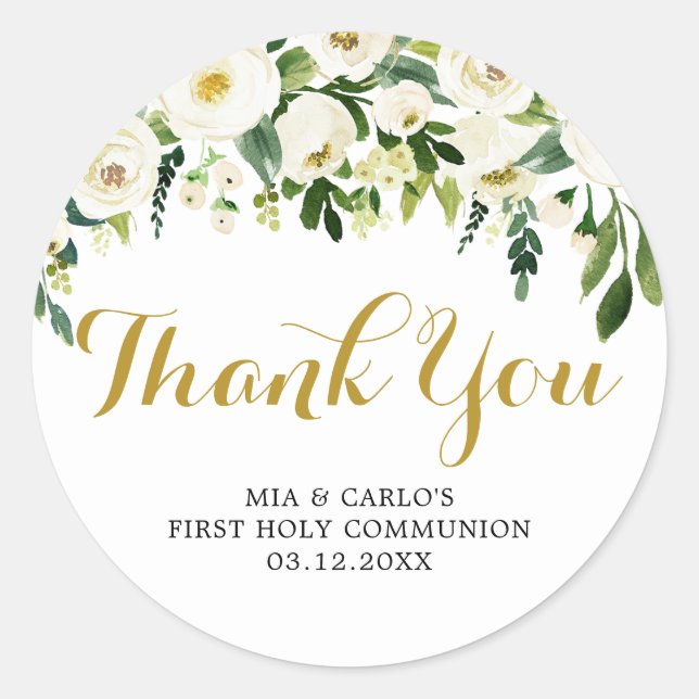 Rond Petit garçon Floral First Communion Sticker Merci (Devant)
