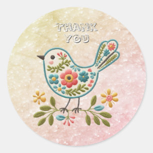 Rond Petit Oiseau Feuille fleurs Sticker rose