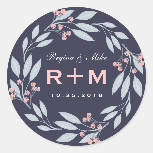 Rond Pink Blue Leaf Flower Wreath Wedding Favor Sticker (Devant)